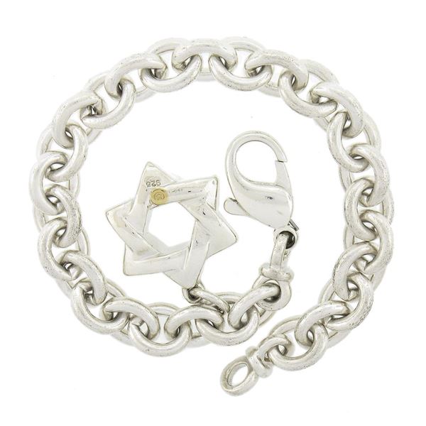 6.25" Movado .925 Silver Round Link Bracelet w/ Polished Star of David Charm