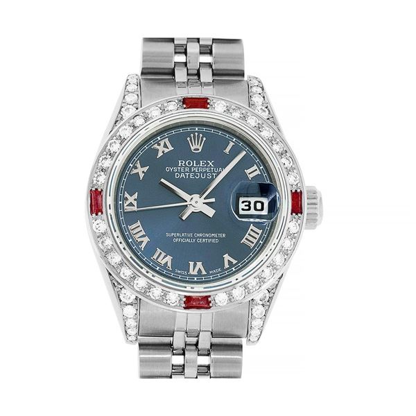 Rolex Ladies Quickset Stainless Steel Blue Roman 18K White Gold Diamond & Ruby B