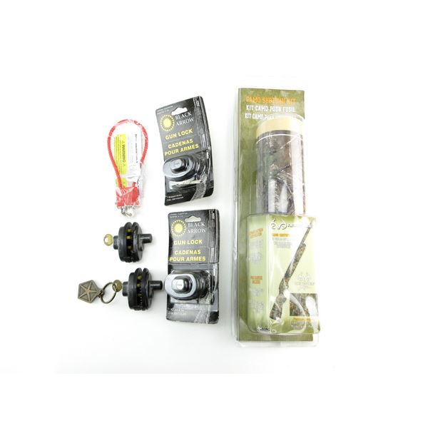 ASSORTED KEYED TRIGGER LOCK / KEY AND SHOT GUN CAMO KIT LOT