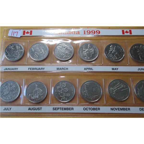 1999 DOUBLE STOCK ROW OF 12 MINT CANADA QUARTERS