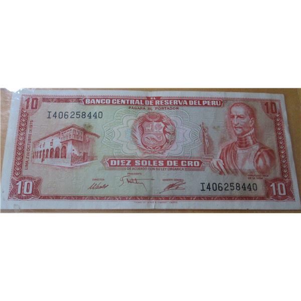1975 BANK OF CENTRA PERU 10 SOLE CURRENCY BANK NOTE