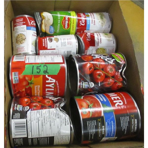 FREIGHT DAMAGE (AS IS):  FLAT C/W TOMATOES, SOUP & PEARS - 9 CANS
