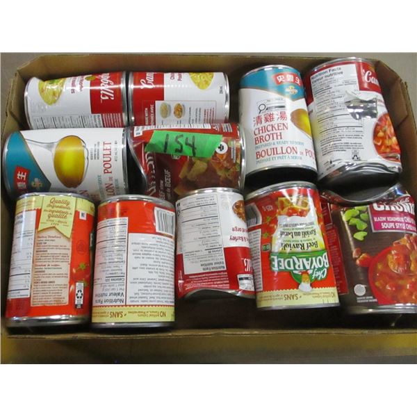 FREIGHT DAMAGE (AS IS):  FLAT C/W SOUP, BROTH, CHEF BOYARDEE - 11 CANS