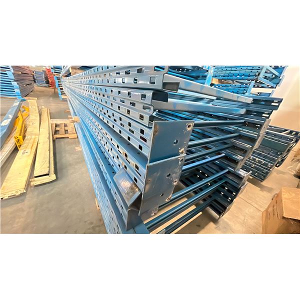 BLUE PALLET RACKING UPRIGHTS (6 PCS).- APPROX. 22'H X 44"W WITH 6" X 5" X 1/4" BASES
