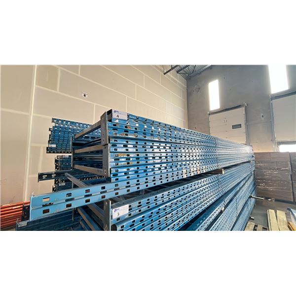 BLUE PALLET RACKING UPRIGHTS (6 PCS) - APPROX. 20'H X 42"W WITH 3" X 7 1/4" X 3/8" BASES