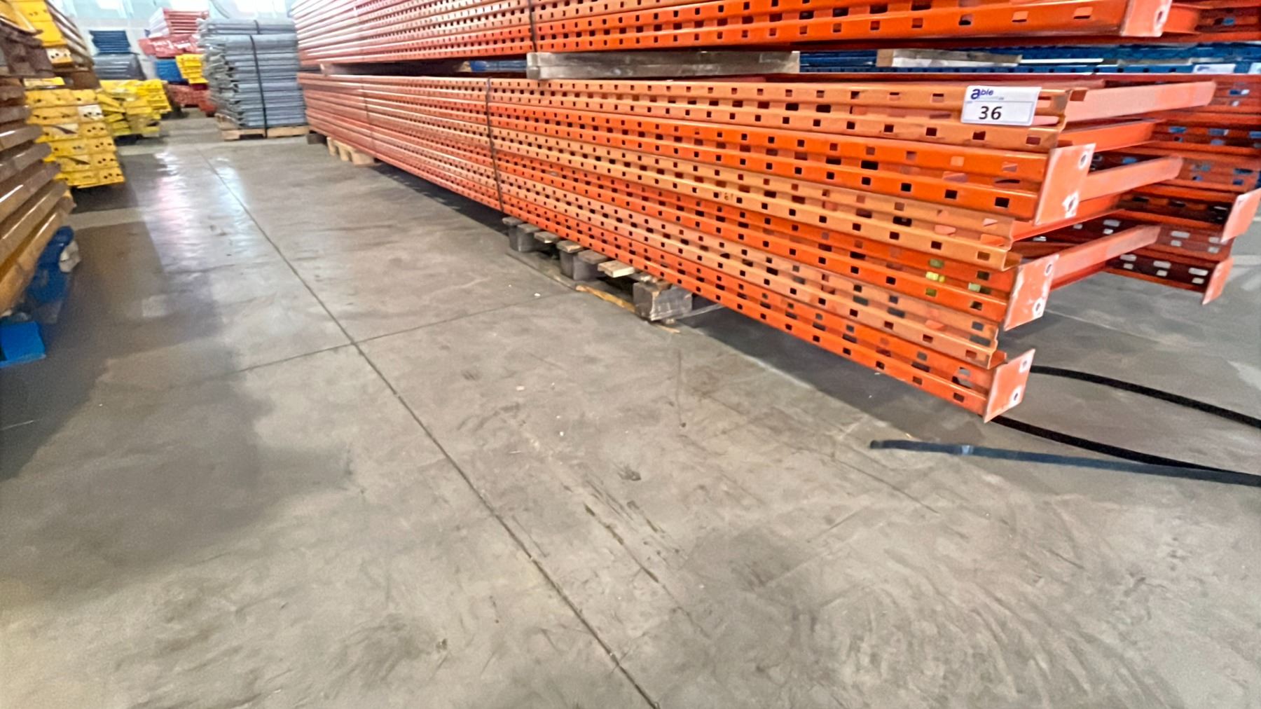 ORANGE PALLET RACKING UPRIGHTS (6 PCS.) - APPROX. 22FT WITH 4 1/2