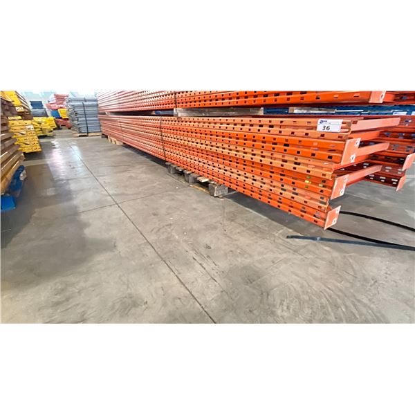 ORANGE PALLET RACKING UPRIGHTS (6 PCS.) - APPROX. 22'H X 42"W WITH 4 1/2" X 4"