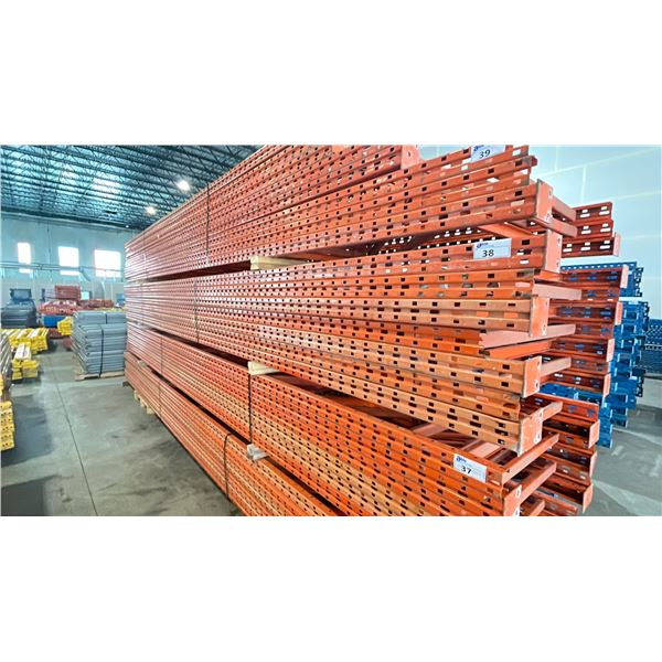 ORANGE PALLET RACKING UPRIGHTS (7 PCS.) - APPROX. 22'H X 42"W WITH 4 1/2" X 4"
