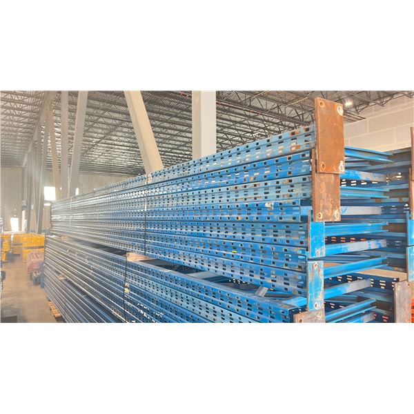 BLUE PALLET RACKING UPRIGHTS (7 PCS.) - APPROX. 24'H X 42"W WITH ASSORTED SIZE  BASES
