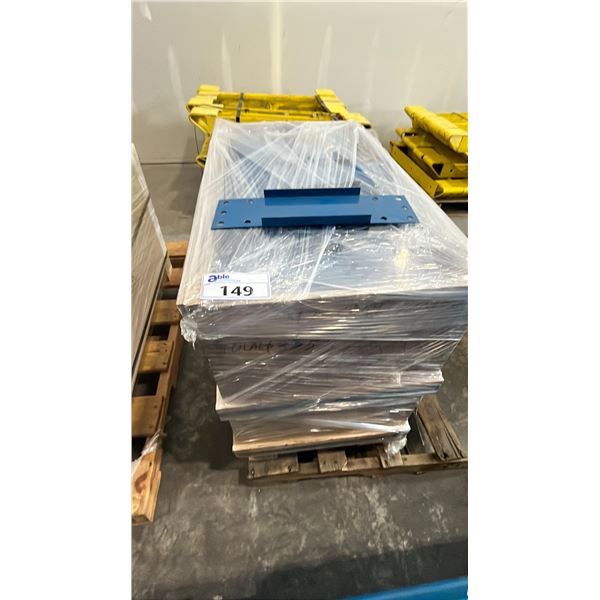 WOODEN CRATE OF BLUE PALLET RACKING 15 1/2" X 4 1/4" CONNECTOR BRACKETS - APPROX. 355 PCS.