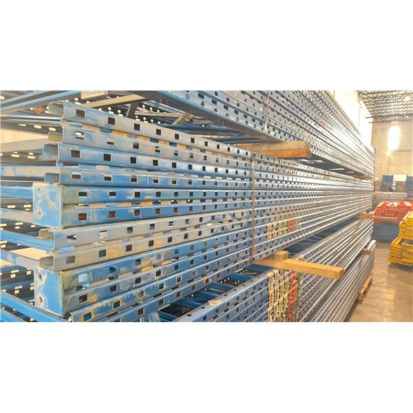 BLUE PALLET RACKING UPRIGHTS (6 PCS.) - APPROX. 20'H X 42"W WITH 4" X 3 1/2" X 1/8"  BASES