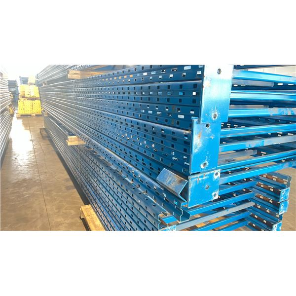 BLUE PALLET RACKING UPRIGHTS (7 PCS.) - APPROX. 22'H X 44"W WITH 5" X 7 1/4" X 1/4"