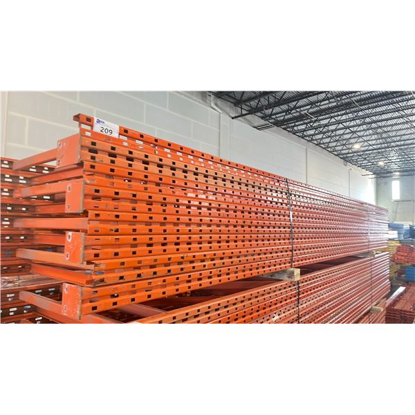 ORANGE PALLET RACKING UPRIGHTS (8 PCS) - APPROX.18'H X 42"W .WITH 6 1/2" X 4" & 4" X 4 1/2" X 1/8"