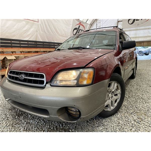 2002 SUBARU OUTBACK, RED, 296271 KMS, ALL WHEEL DRIVE. - B642684