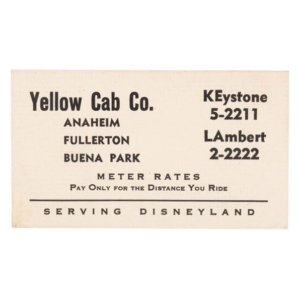 A 1956 Yellow Cab Co. Business Card "Serving Disneyland."