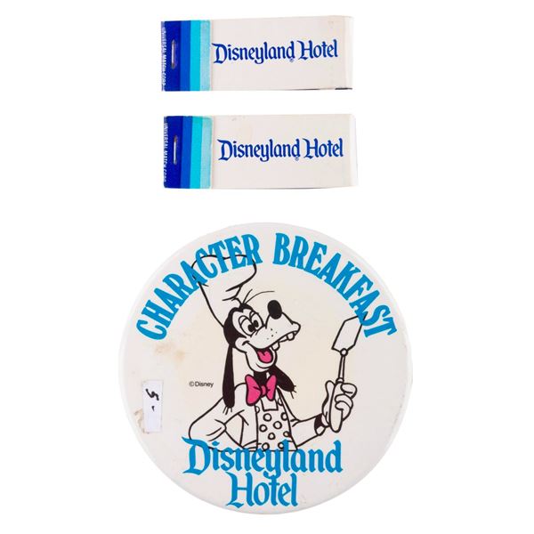 A Disneyland Hotel Button and Matchbooks.