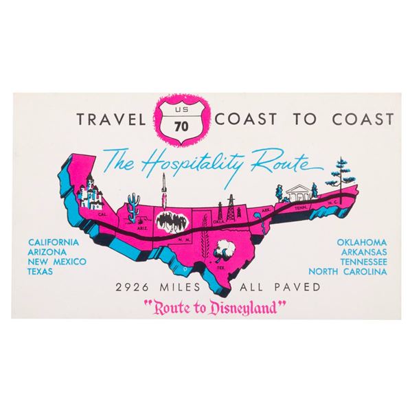 A 1960 "Route to Disneyland" US 70 Postcard.