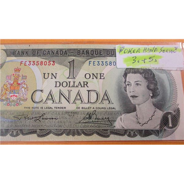 1973 BANK OF CANADA LAST OF $1 BILLS (POKER HAND SERIAL NUMBER)