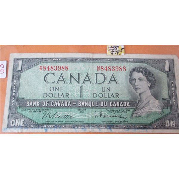 1954 LAST OF CANADA DOLLAR BILLS (POKER HAND SERIAL NUMBER)