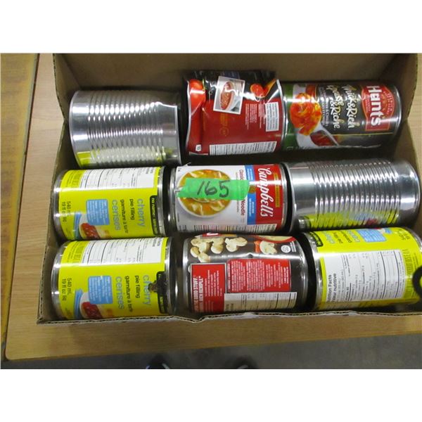 FREIGHT DAMAGE (AS IS):  FLAT C/W 9 CANS OF SPAGHETTI SAUCE, CHERRY PIE FILLING, SOUP, ETC