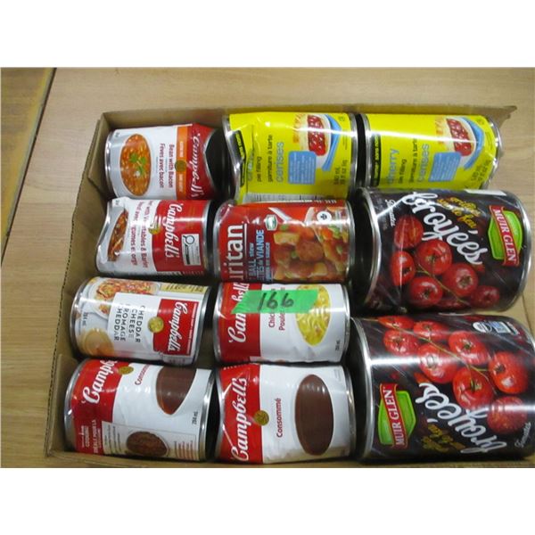 FREIGHT DAMAGE (AS IS):  FLAT C/W 11 CANS SOUPS, PURITAN STEW, CHERRY PIE FILLING, ETC