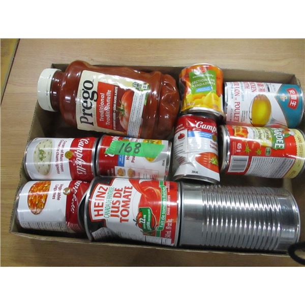 FREIGHT DAMAGE (AS IS):  FLAT C/W 10 CANS PREGO, SOUPS, TOMATO JUICE, CHICKEN BROTH, ETC