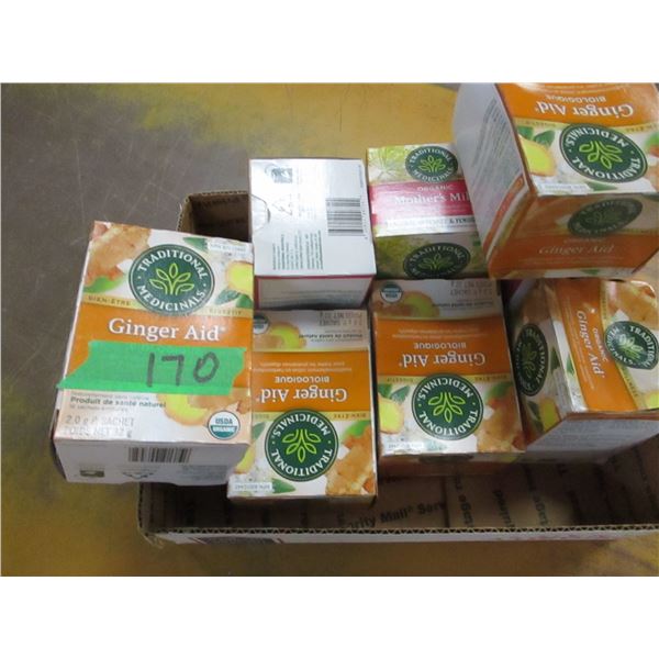 FREIGHT DAMAGE (AS IS):  APPROX. 8 BOXES TEA BAGS, GINGER AID, MOTHER'S MILK