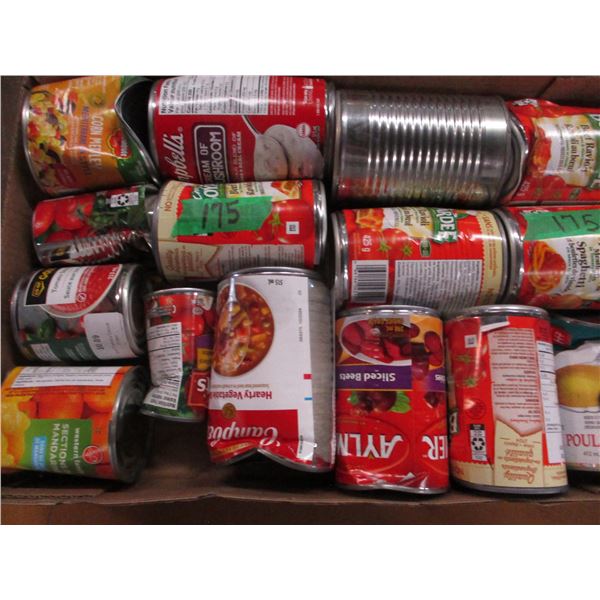 FREIGHT DAMAGE (AS IS):  FLAT C/W 15 CANS SOUPS, BEETS, FRUIT, CHEF BOYARDEE, ETC