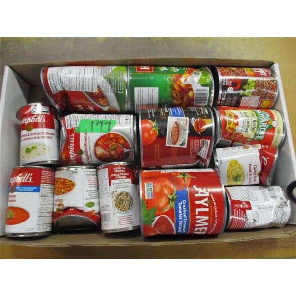 FREIGHT DAMAGE (AS IS):  FLAT C/W 13 CANS TOMATOES, SPAGHETTI SAUCE, SOUPS, ETC