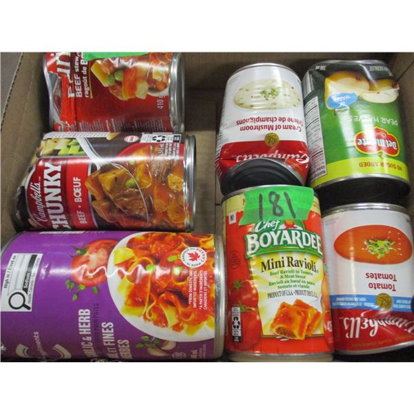 FREIGHT DAMAGE (AS IS):  FLAT C/W 7 CANS SOUP, CHEF BOYARDEE, ETC