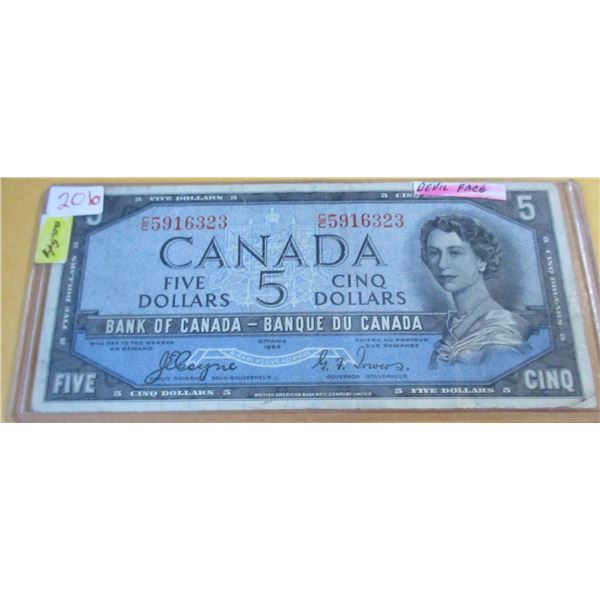 1954 SCARCE BANK OF CANADA DEVILS FACE $5 BILL