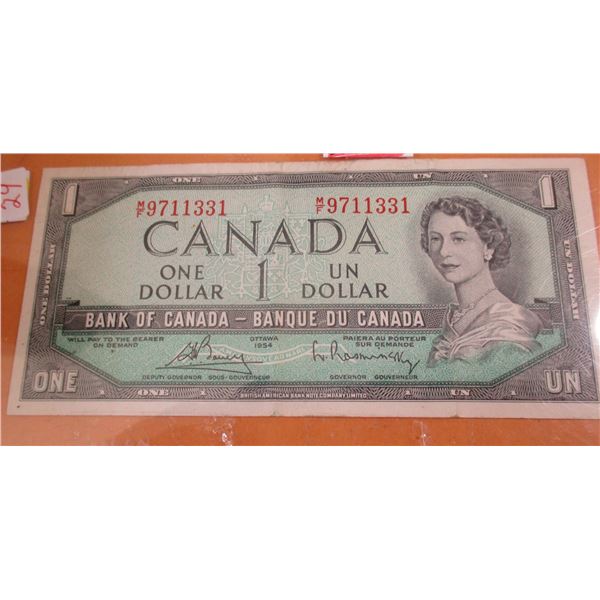 1954 BANK OF CANADA POKER HAND SERIAL NUMBER (3-1'S & 2-3'S) $1 BILL