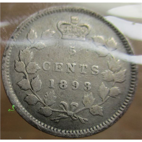 1893 CANADA VICTORIAN SILVER FIVE CENT