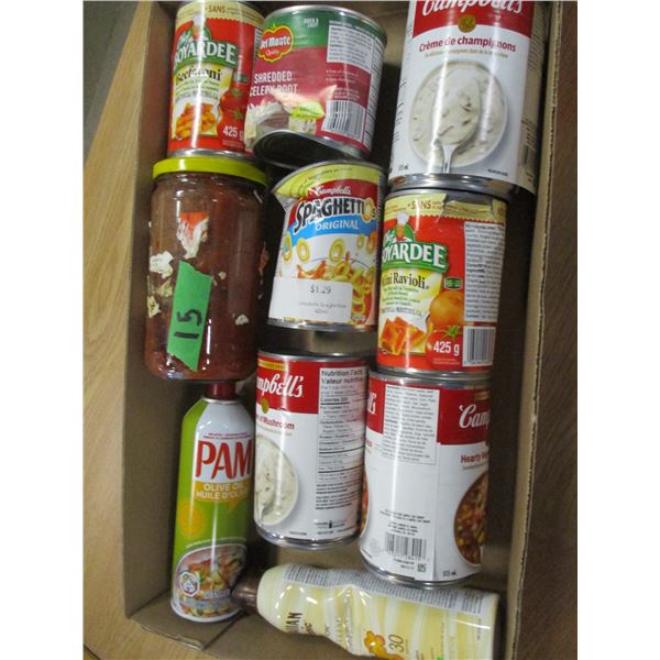 FREIGHT DAMAGE (AS IS):  FLAT C/W SOUPS, CHEF BOYARDEE, SPAGHETTI, ETC (10 CANS)