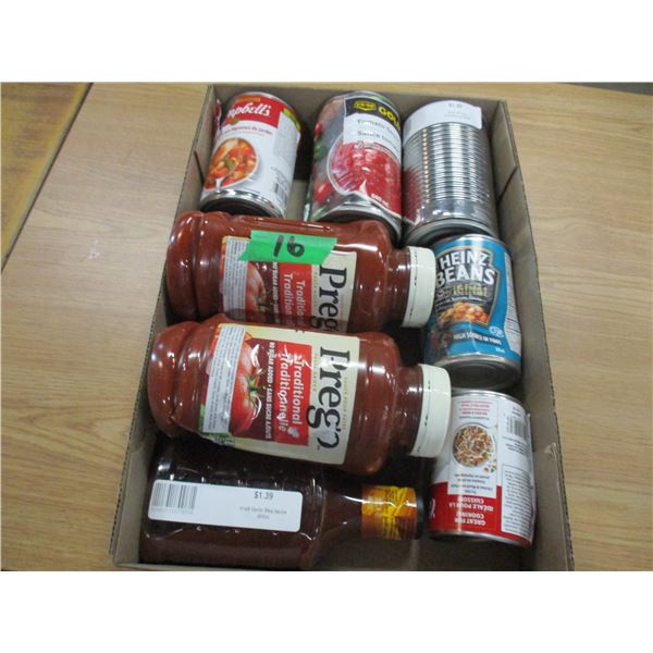 FREIGHT DAMAGE (AS IS):  FLAT C/W PREGO SAUCE, BEANS, SOUP, ETC (10 CANS)