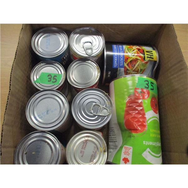 FREIGHT DAMAGE (AS IS):  FLAT C/W BEAN SPROUTS, TOMATO JUICE, SOUP, ETC (10 CANS)