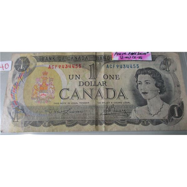 1973 BANK OF CANADA (POKER HAND SERIAL NUMBER 4'S & 5'S) $1 BILL