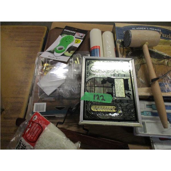 BOX C/W WOOD MALLET, PICTURES, UTENSILS, ETC