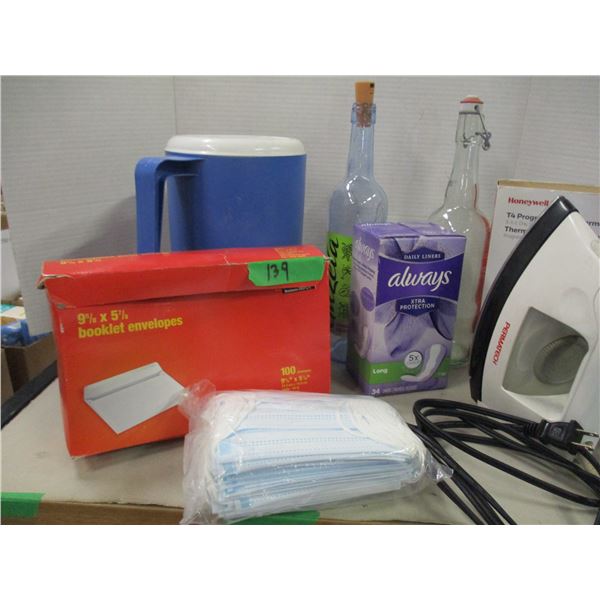 BOX C/W BOTTLES, IRON, WATER JUG, ETC