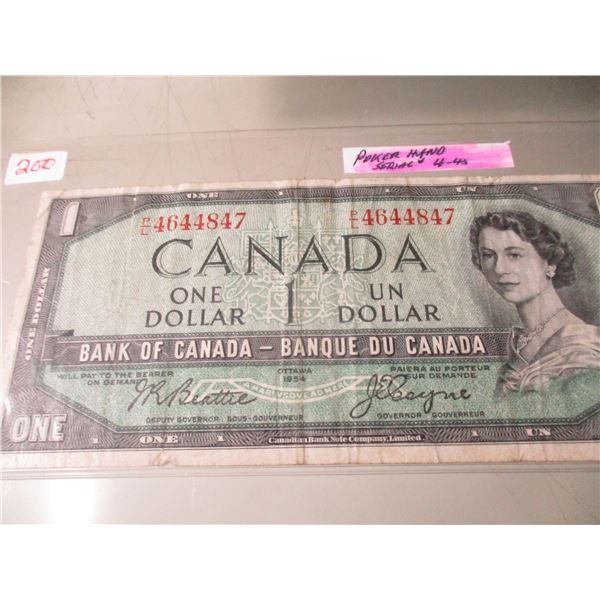 1954 BANK OF CANADA POKER HAND SERIAL NUMBER $1 BILL