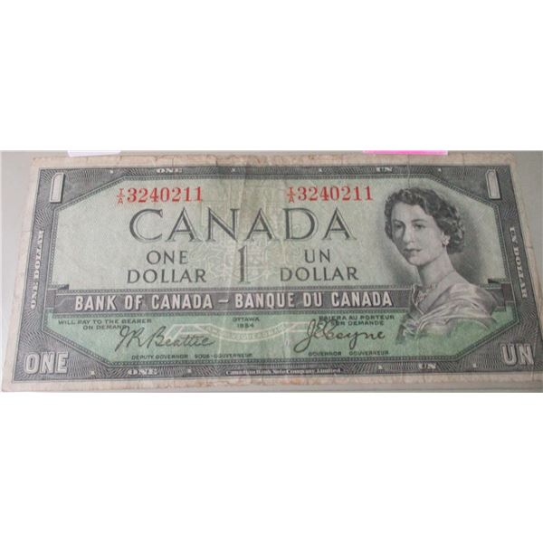 1954 DEVILS FACE LEGAL TENDER CANADA $1 BILL