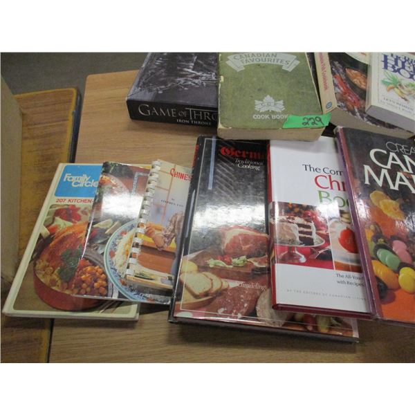BOX C/W GLOVES, BOOKS, COOKBOOKS, ETC