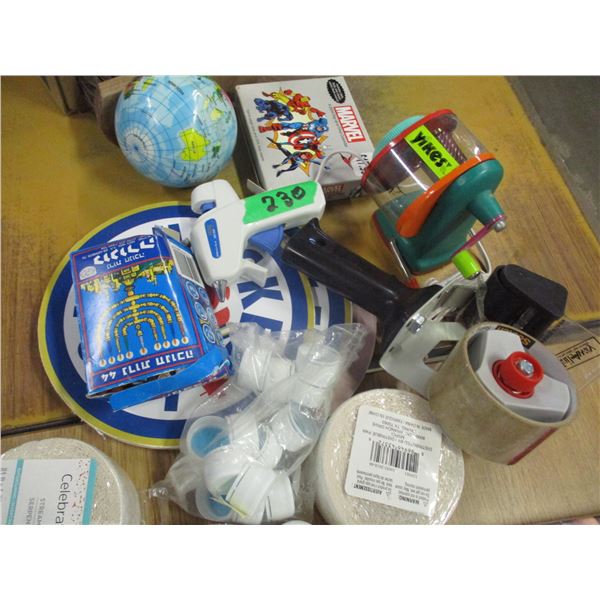 BOX C/W PENCIL SHARPENER, MATS, GLUE GUN, ETC