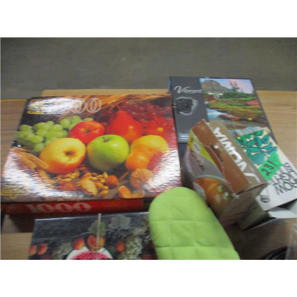 BOX C/W PUZZLES, LIGHTS, OVEN MITS, ETC