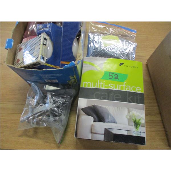 ESTATE:  LEATHER CLEANING KIT, LIGHT BULBS, EMERGENCY ITEMS, ETC