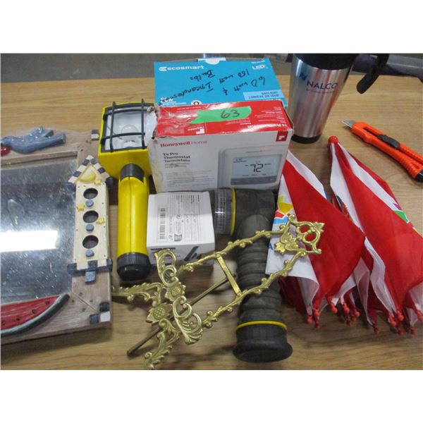 ESTATE:  BOX C/W MUGS, THERMOSTATS, SMALL UMBRELLAS, ETC