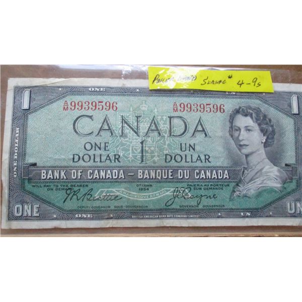 1954 BANK OF CANADA POKER HAND SERIAL NUMBER (4-9'S) $1 BILL