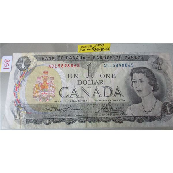 1973 BANK OF CANADA POKER HAND SERIAL NUMBER $1 BILL (3-8'S & 2-5'S)