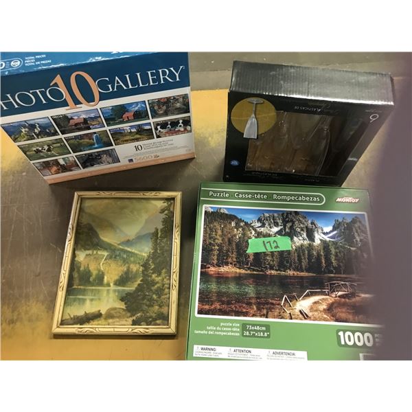 ESTATE:  BOX C/W PUZZLES, STEM GLASSWARE, ETC