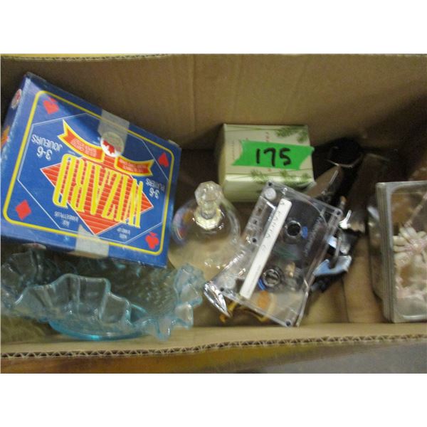 ESTATE:  BOX C/W DISH, BELL, GAMES, ETC